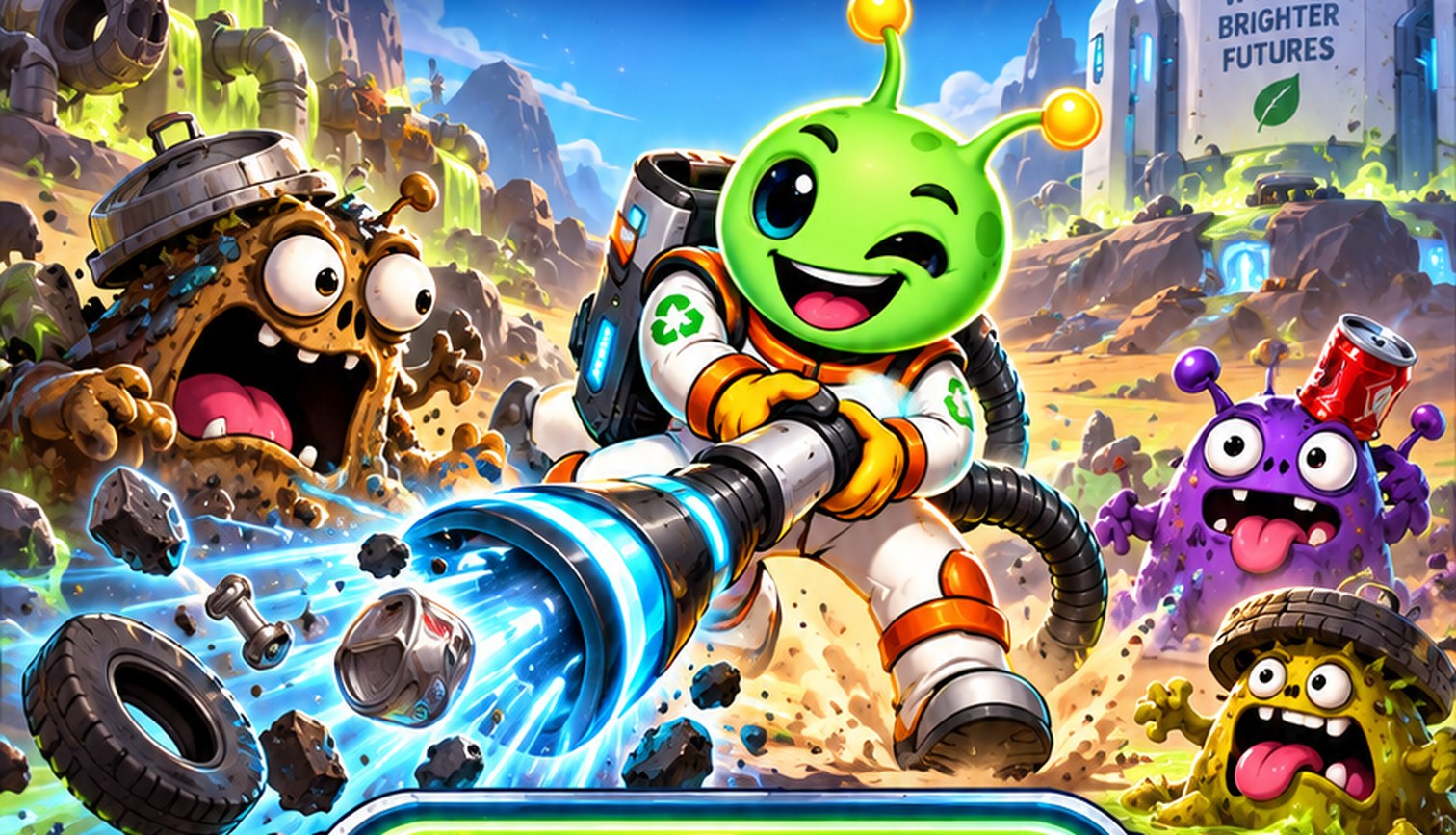 A G.A.R.B. reclaimer vacuums junk on a contaminated alien planet while curious creatures watch